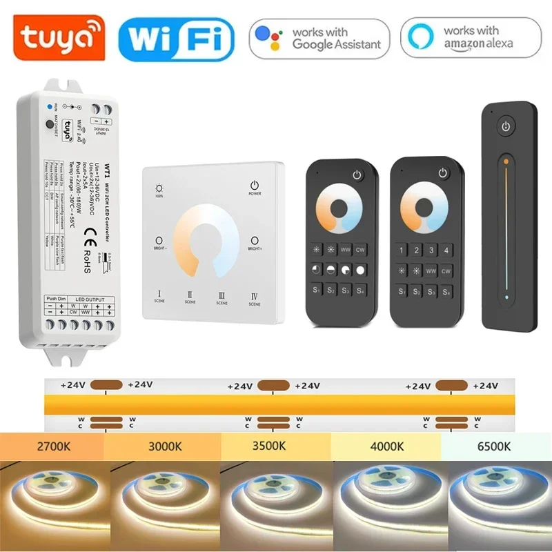 

Tuya Wifi 24V CCT COB LED Strip Light 3Colors 3500K-6500K RA90 608LED/m Light 2.4G RF Touch Remote SmartLife for Alexa Google