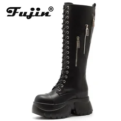 Fujin 10cm z mikrofibry z naturalnej skóry jesienna damska platforma buty do kolan koturna damska Retro wiosenne z pompką na modnych butach