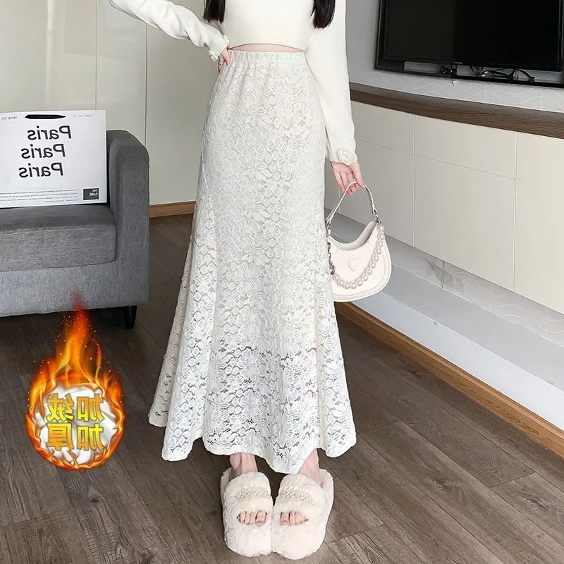 Francês elegante renda mais veludo nádega fishtail saia outono inverno nova moda chique jacquard oco saia longa xq118