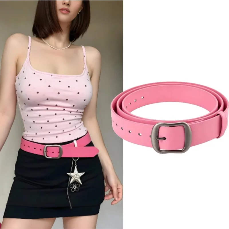 Y2K Fashion Vintage Strap PINK Simplicity PU Leather Belts Buckle Jeans Candy Color Square Buckle Belt Chic Female Waistband