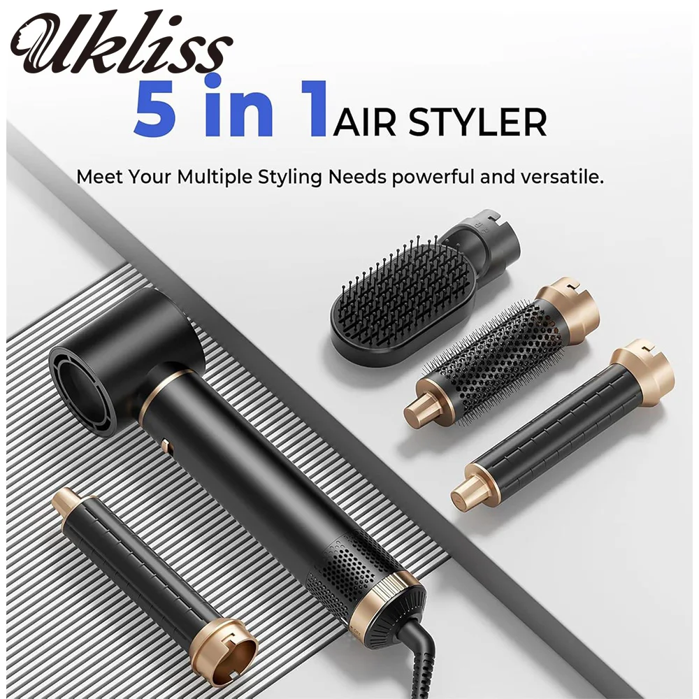 UKLISS 5 In 1 Hair Dryer Brush Electric Hot Air Straightener Multi Hair Styling Blowing Comb Rotating Curling Iron Set