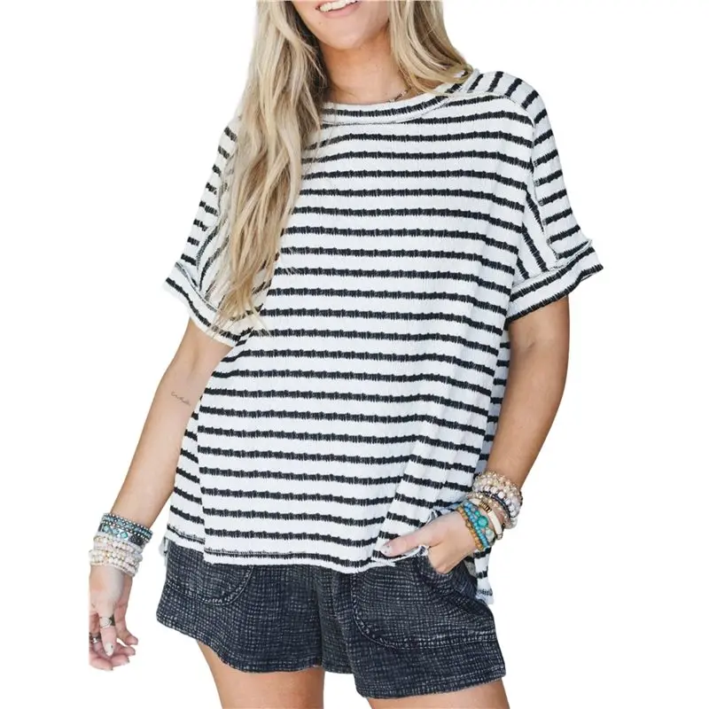 

CYL-Womens Summer Tops Crewneck Oversized Tshirts For Women Striped Short Sleeve T Shirts Blouses