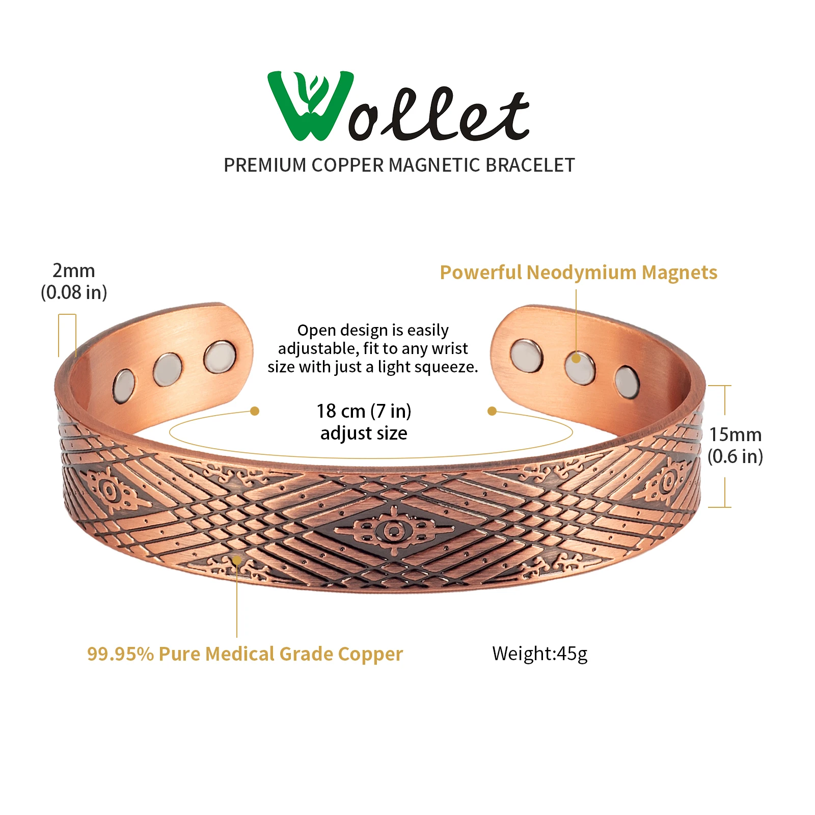 Wollet Copper Bracelet for Men, 7inch Retro Design Magnetic Bracelets with Magnets, Solid Copper Jewelry Men's Gift(2pcs)