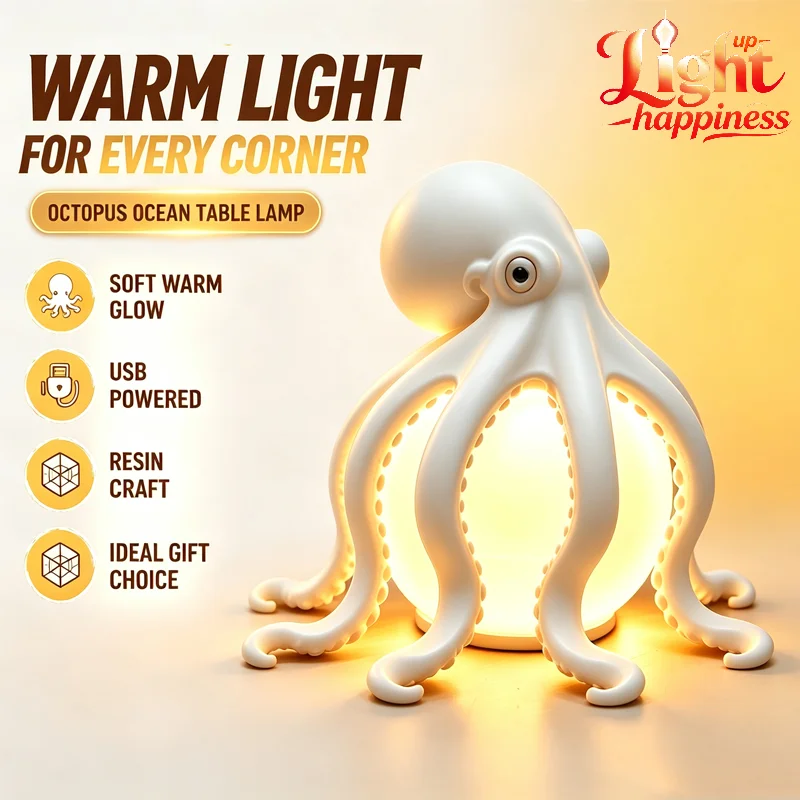 Octopus Shaped Table Lamp With Soft Glow LED USB Rechargeable Vintage Coastal Decor Bedside Night Light For Bedroom Study Office
