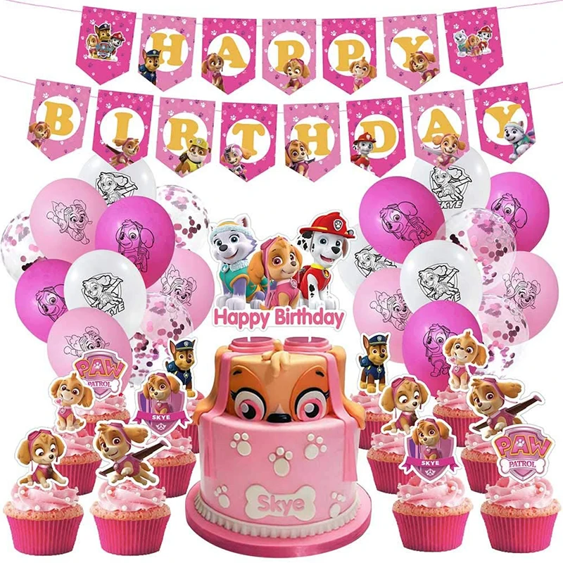 Paw Patrol-Décorations d\'Anniversaire pour Fille, Ensembles de ix, Skye Rose, Serviettes en Papier Britannique, Assiettes, Bâtons de Bannière