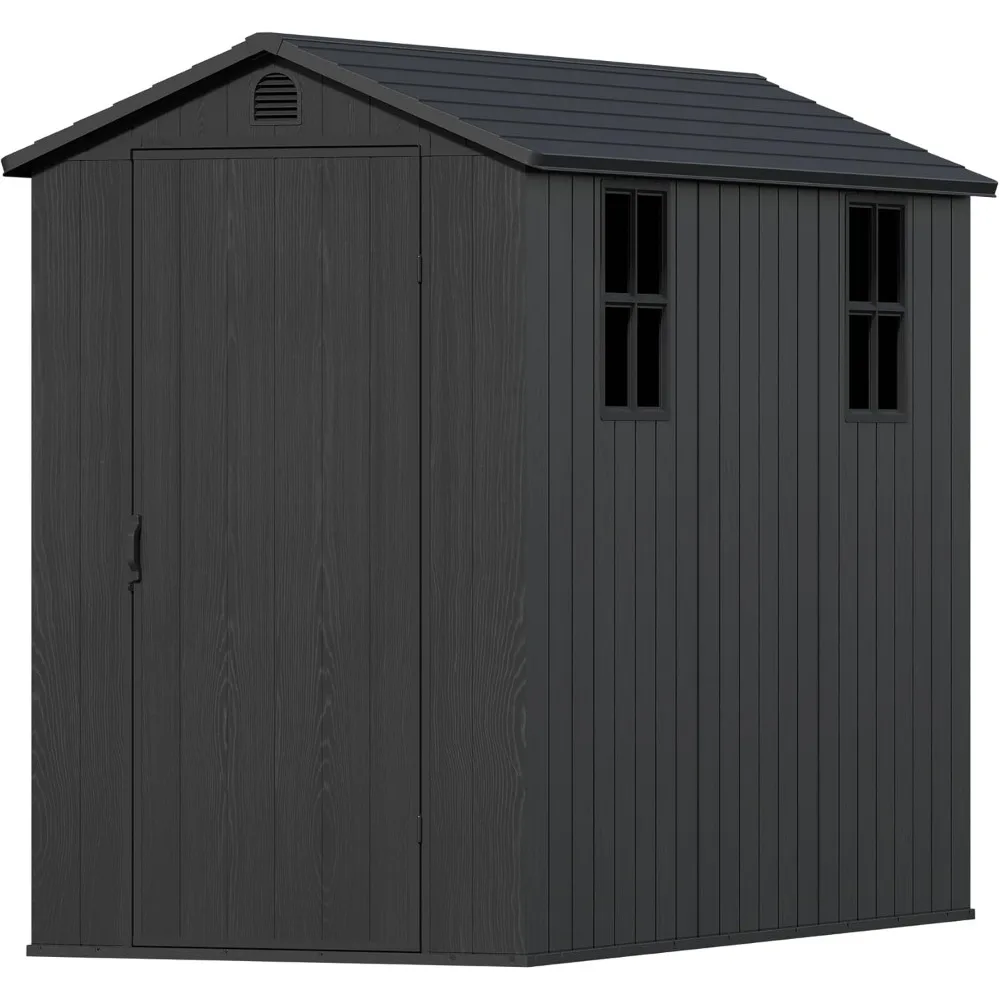 

4×8 FT Resin Outdoor Storage Shed, Garden Shed with Floor, Lockable Door and Two Windows, Waterproof Outside Plastic shed