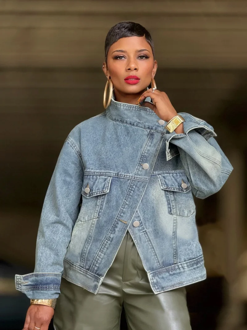 

Streetwear Denim Jacket Coat Spring Clothing Women Stand Collar Single Breasted Jean Bomber Jacket Female Fashion Denim Overcoat