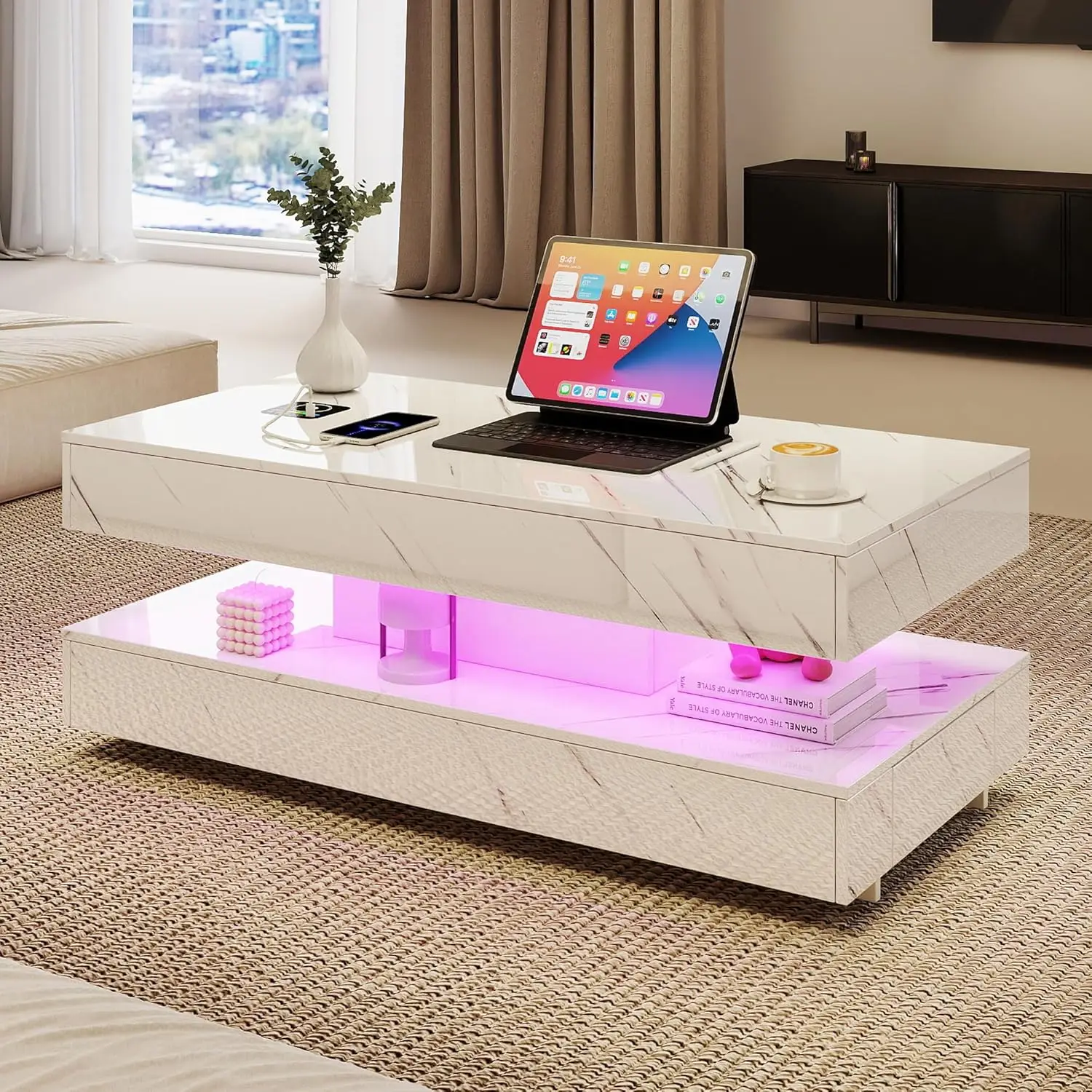 

47.2" LED Coffee Table Storage Bluetooth Speaker Charging Station Living Room Furniture, Customized
