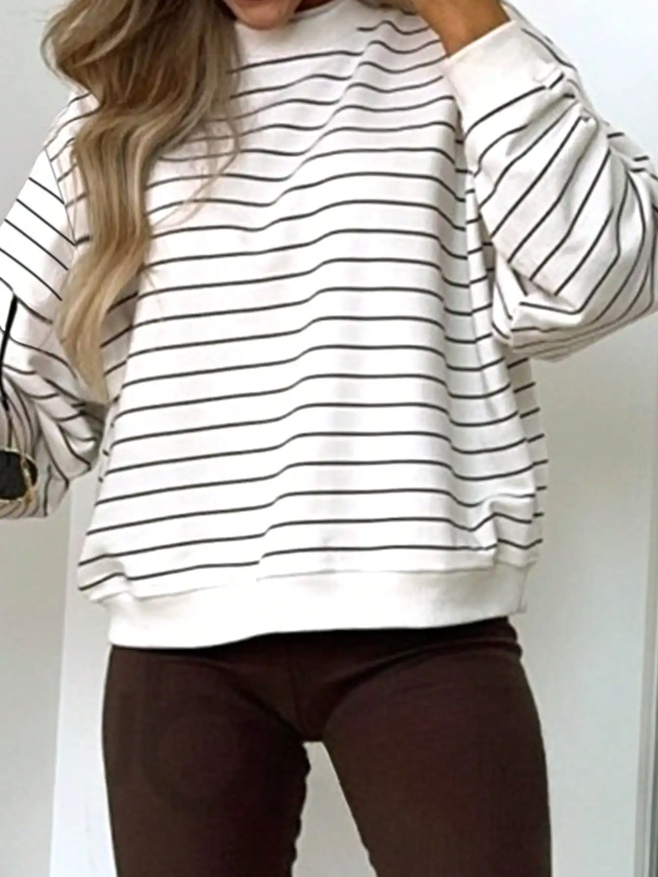 Women's Black & White Striped Long Sleeve Sweatshirt, Casual Minimalist Style, Autumn Loose Fit