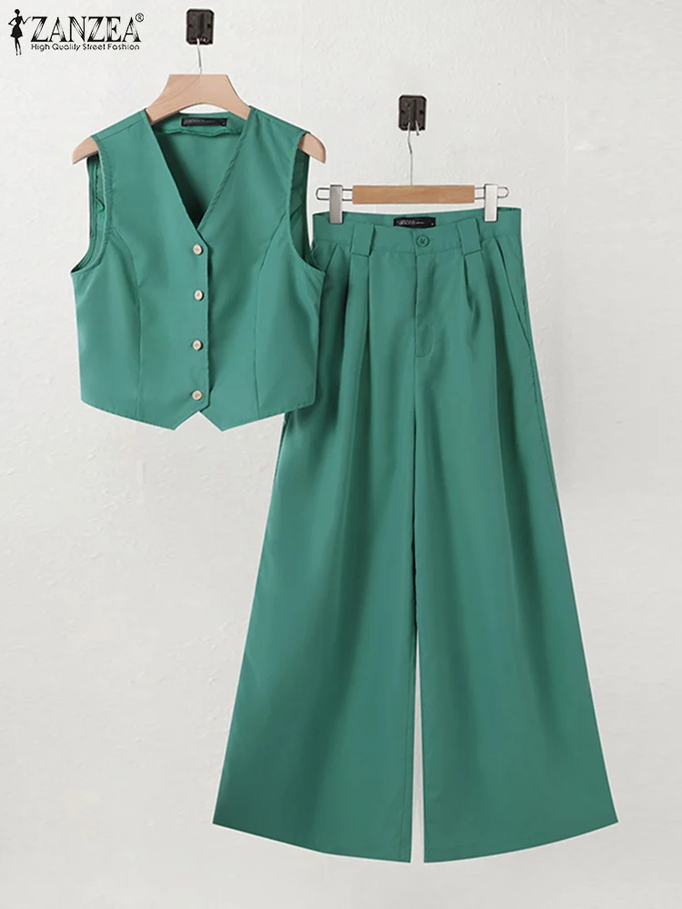 Moda ZANZEA 2024 letnie dresy miejskie spodnie z szerokimi nogawkami w stylu Casual spodnie damskie zestawy solidny kolor kamizelka najlepszych 2 sztuk