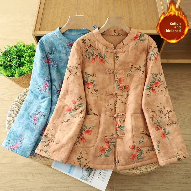 

Lightweight Floral Cotton Jaet Women's Sle New Chinese National Sle Buttoned Cotton Coat Winter Thiened Long Sve
