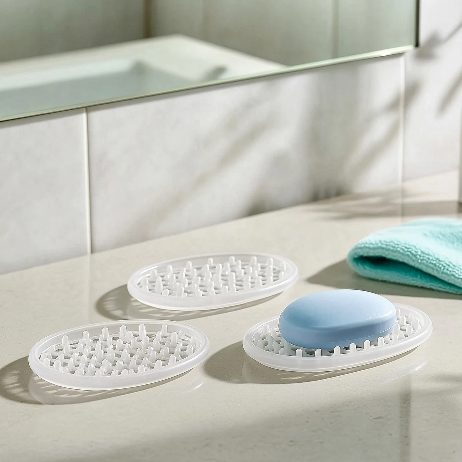 3 Pieces Silicone Soap Holder Flexible Soap Dish with Drainer Shatterproof Soft for Shower, Bathroom Sink