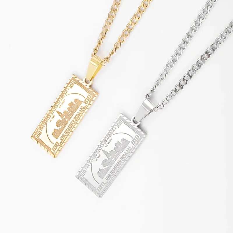 Stainless Steel 100 Dollar Bill Pendant Necklace Fashion Good Luck Fortune Jewelry for Men and Women Exquisite Gift