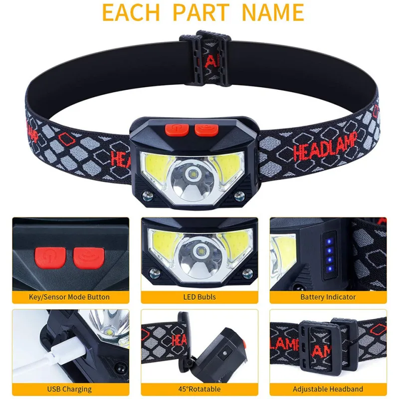 8 Modes LED Headlight Handfress Motion Sensor Powerful Headlamp Head Lamp COB Flashlight Torch Head Light For Camping, Fishing