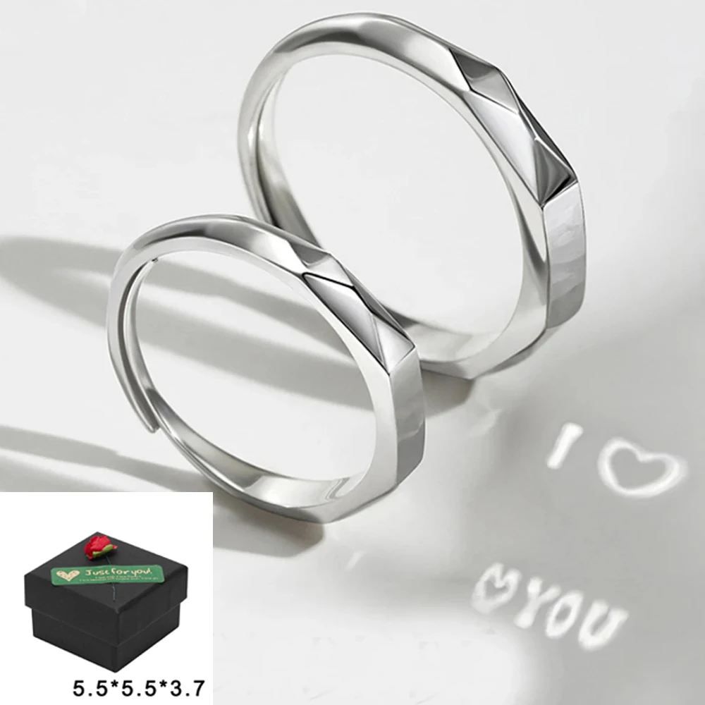 

925 Sterling Silver Promise Ring Projection Couple Ring Adjustable I Love You Wedding Gifts for Girlfriend Boyfriend with Box