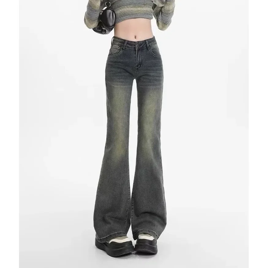 

Pop Retro American Low Waist Flared Jeans Women's Spring Autumn New Style Washed Draped Floor-Length Bell Bottoms