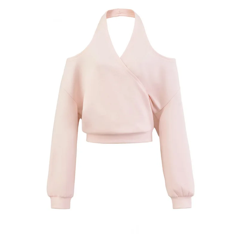 2025 American Style Halter Neck Hoodie Women, Off Shoulder Cropped Top with Open Back, Chic Long Sleeve Streetwear