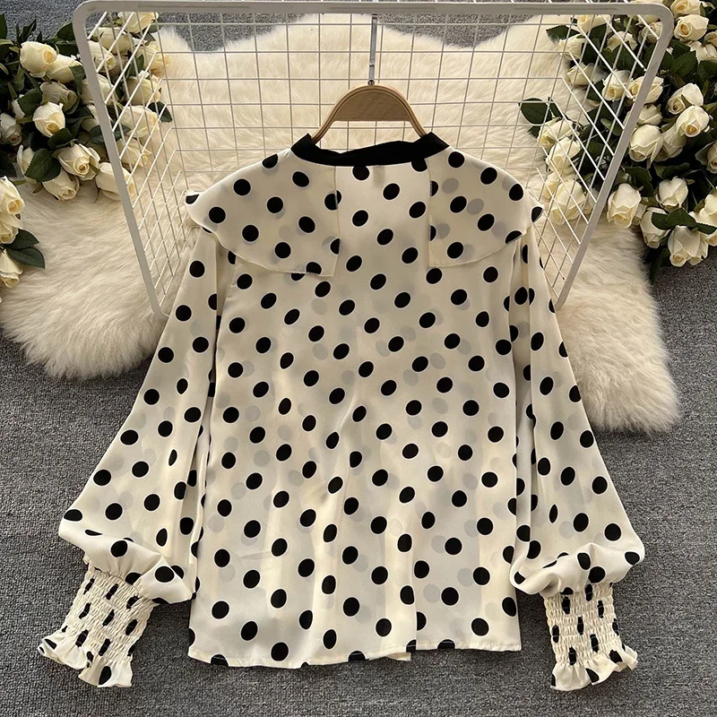Frauen Elegante Büro Chiffon Shirts Polka Dot Gedruckt Langarm Bluse Rüschen Süße Top Casual Dünne Harajuku Tees Mode Neue