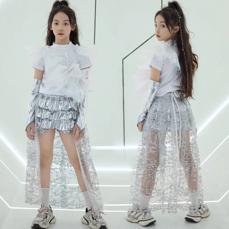 

Jazz Street Dance Performance Outfit 2024 Girls K-Pop Fashion Clothes Kids Hip Hop Stage Wear White Top Silver Skirt