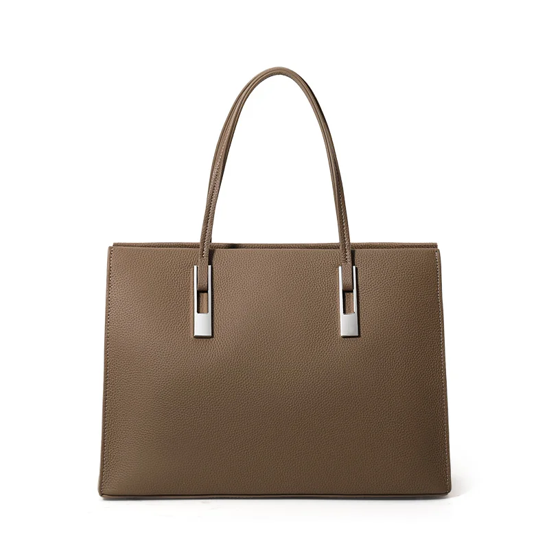 Multi Pocket Large Capacity Cow Leather Tote Bag Women Minimalist Litchi Texture Shoulder Handbag For Office Work Travel