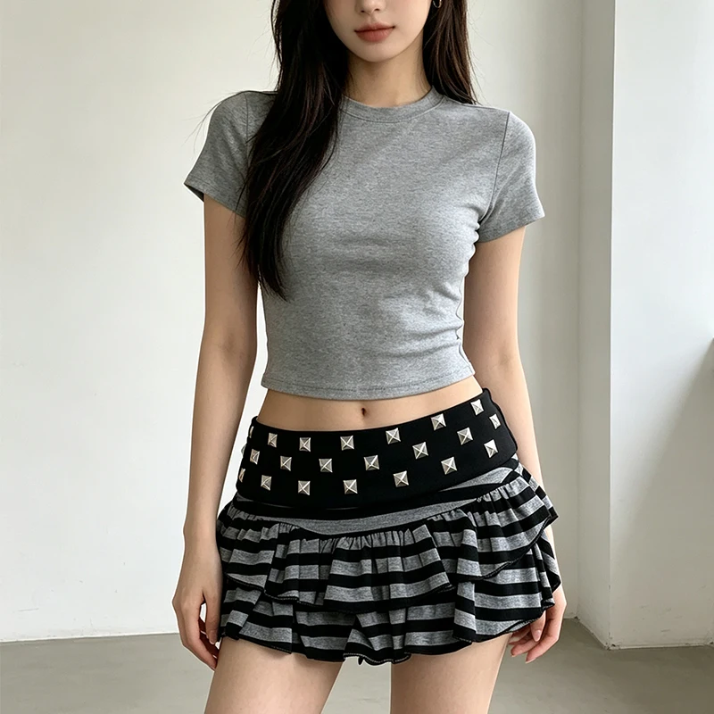 European and American striped contrast A-line skirt va va voom street niche spice girl personality Joker short skirt