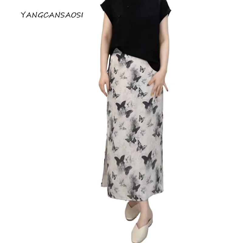 

2025 Women's Fashion Clothing 21MM Retro 100% Natural Mulberry Silk Jacquard Satin Ink Butterfly Print Hip Hugging Skirt