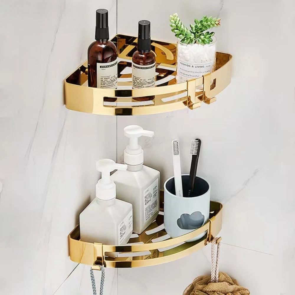 Gold Stainless Steel 304 Bathroom Corner Shelf Wall Mounted Toilet Triangle Frame Storage Rack Organizer Shower Gel Shampoo