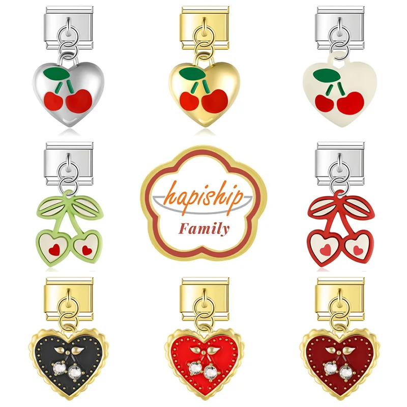 Hapiship 2024ครอบครัวผู้หญิงแฟชั่นน่ารักเชอร์รี่เสน่ห์เชื่อมโยงอิตาลีพอดีกับ9มิลลิเมตรสแตนเลสทำ DIY เครื่องประดับ NEW379