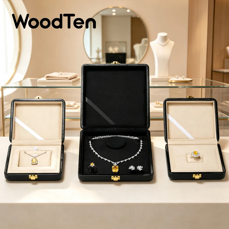 WoodTen Luxury PU Leather Jewelry Box Jewellery Storage Display Case for Ring Necklace Elegant Gift Packaging Box for Wedding