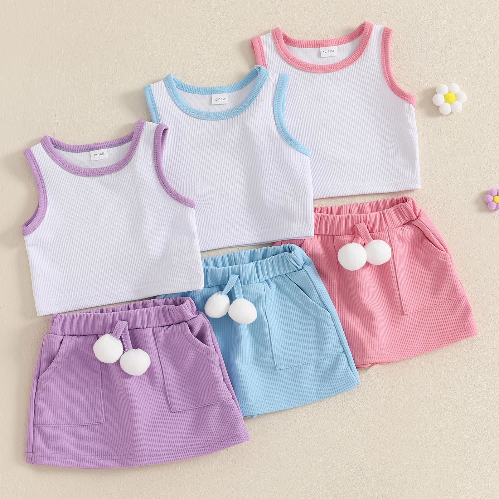 Toddler Girl Summer Clothes Sleeveless Round Neck Tank Tops Plush Ball Skorts Shorts Outfit