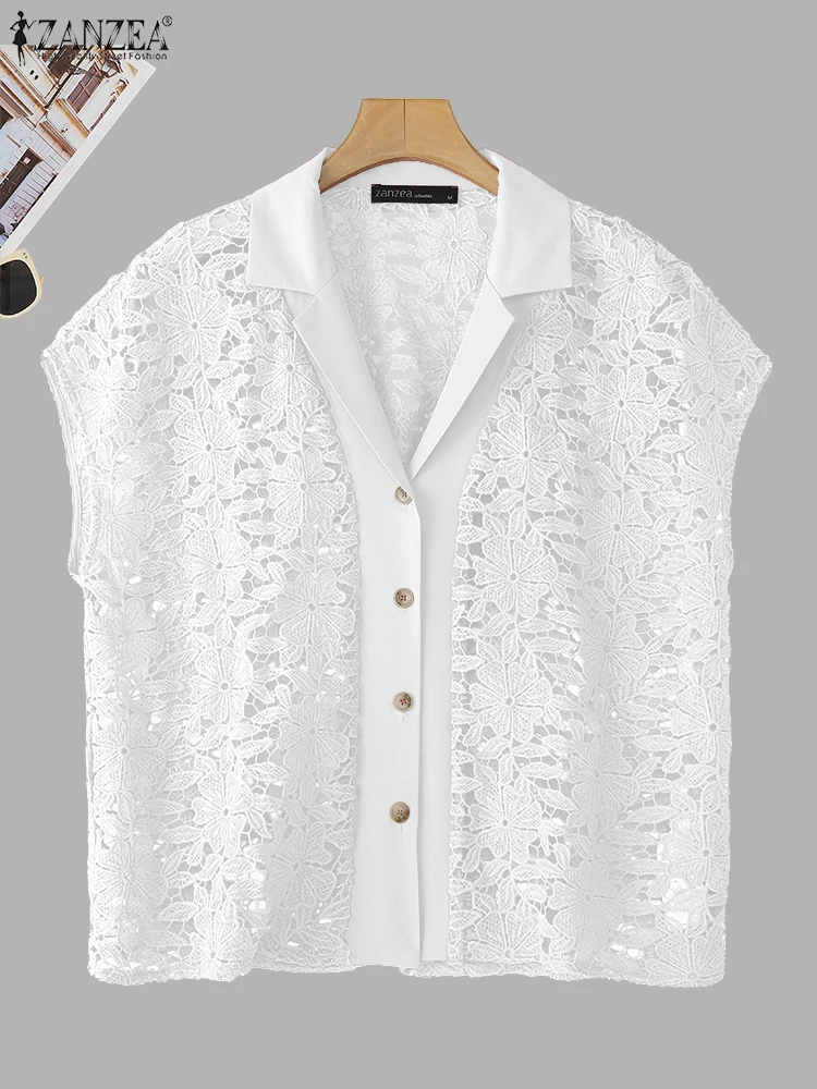 

ZANZEA Summer Lace Shirts Office Lady Open Stitch Tops Women Casual Lapel Neck Blusas 2025 Loose Short Sleeve Solid Color Tunic
