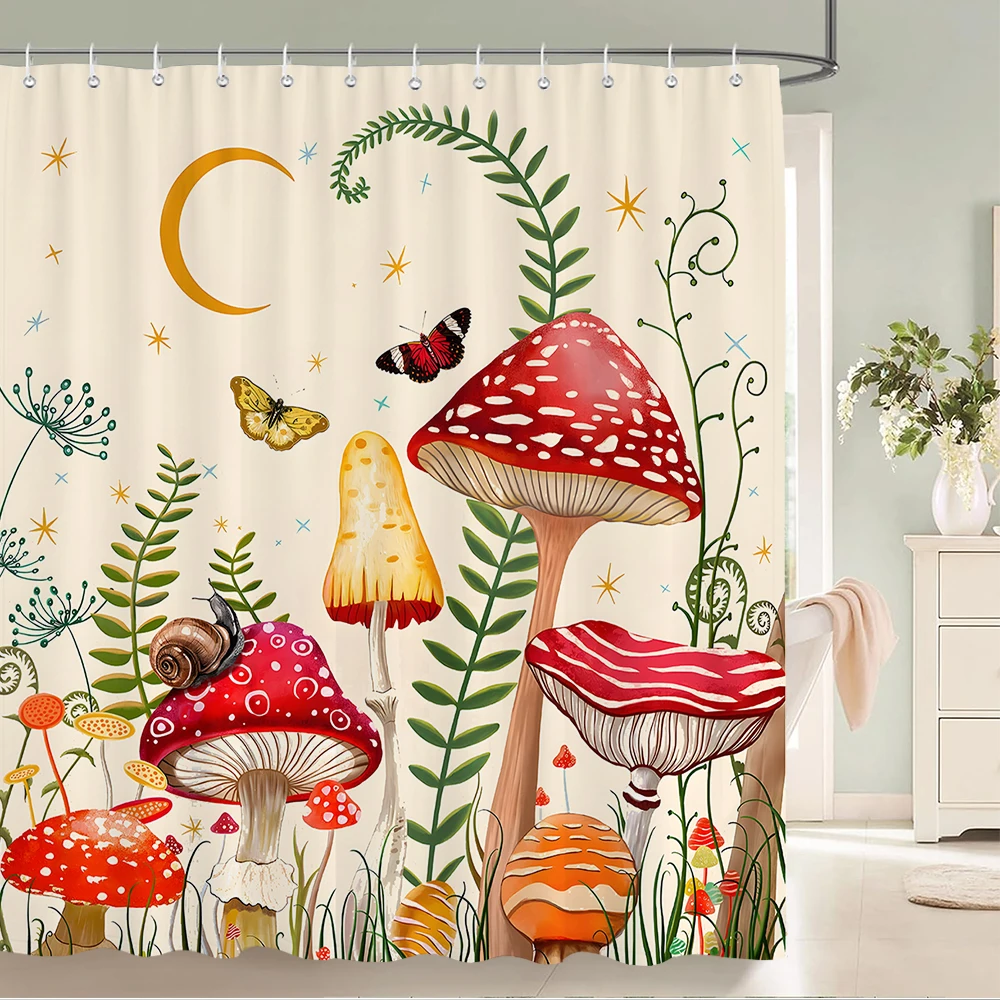 

Mushroom Butterfly Floral Shower Curtain Moon Stars Boho Aesthetic Flowers Forest Plant Green Leaves Bathroom Decor with Hooks