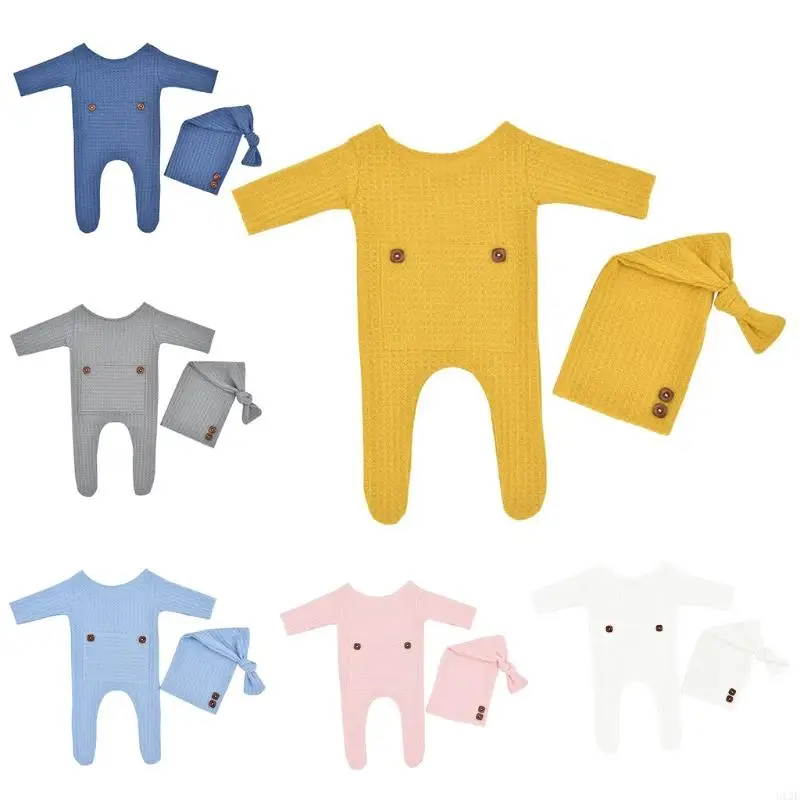 

652F 2 Pcs/Set Knitted Jumpsuit Long Tail for Head Wrap Turban Beanie Newborn Photography Props Baby Boy Girl Romper Hat