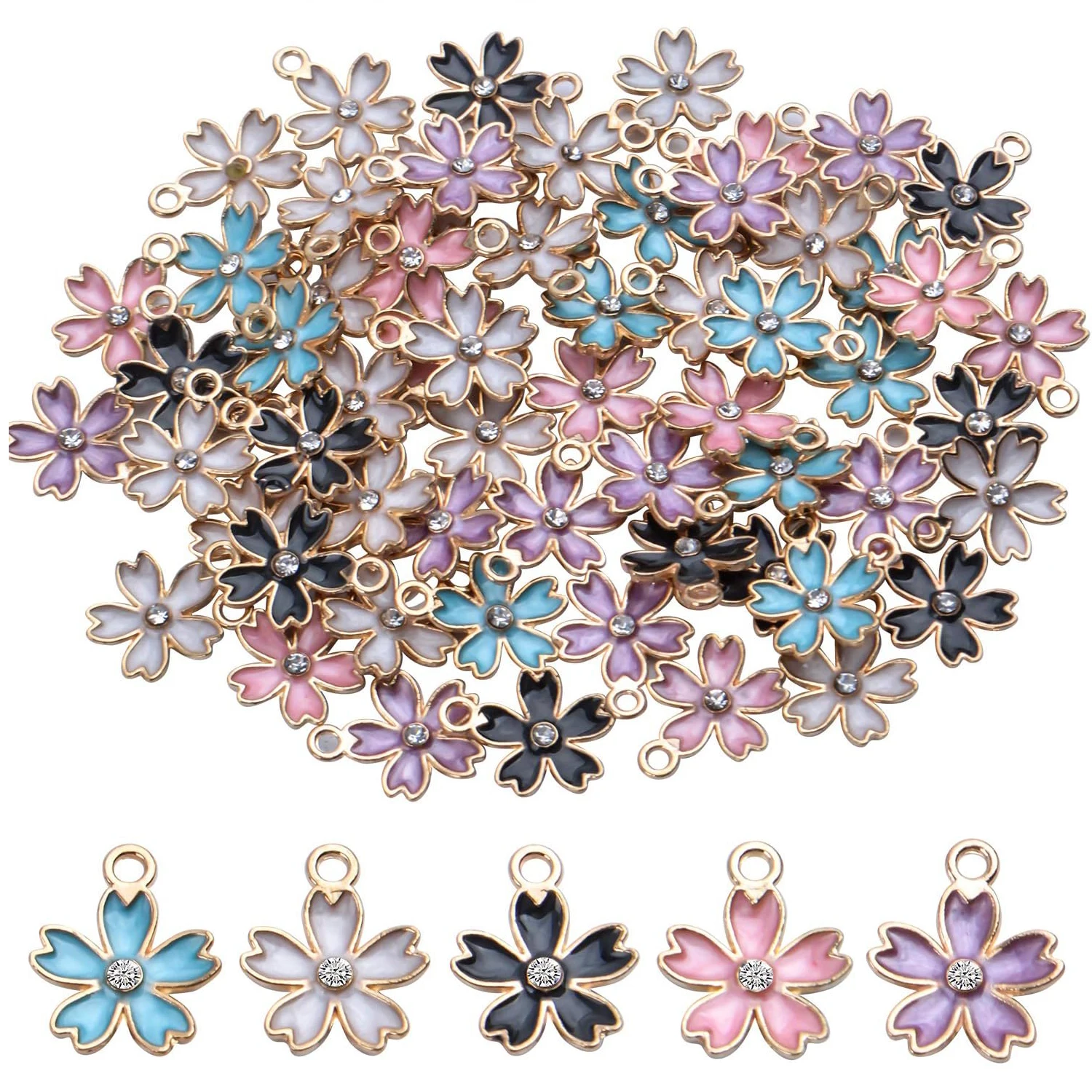 

50pcs Cherry Blossom Pendant Enamel Flower Charms Jewelry Making Accessories for DIY Necklace Bracelet,14 * 17mm,5 Colors
