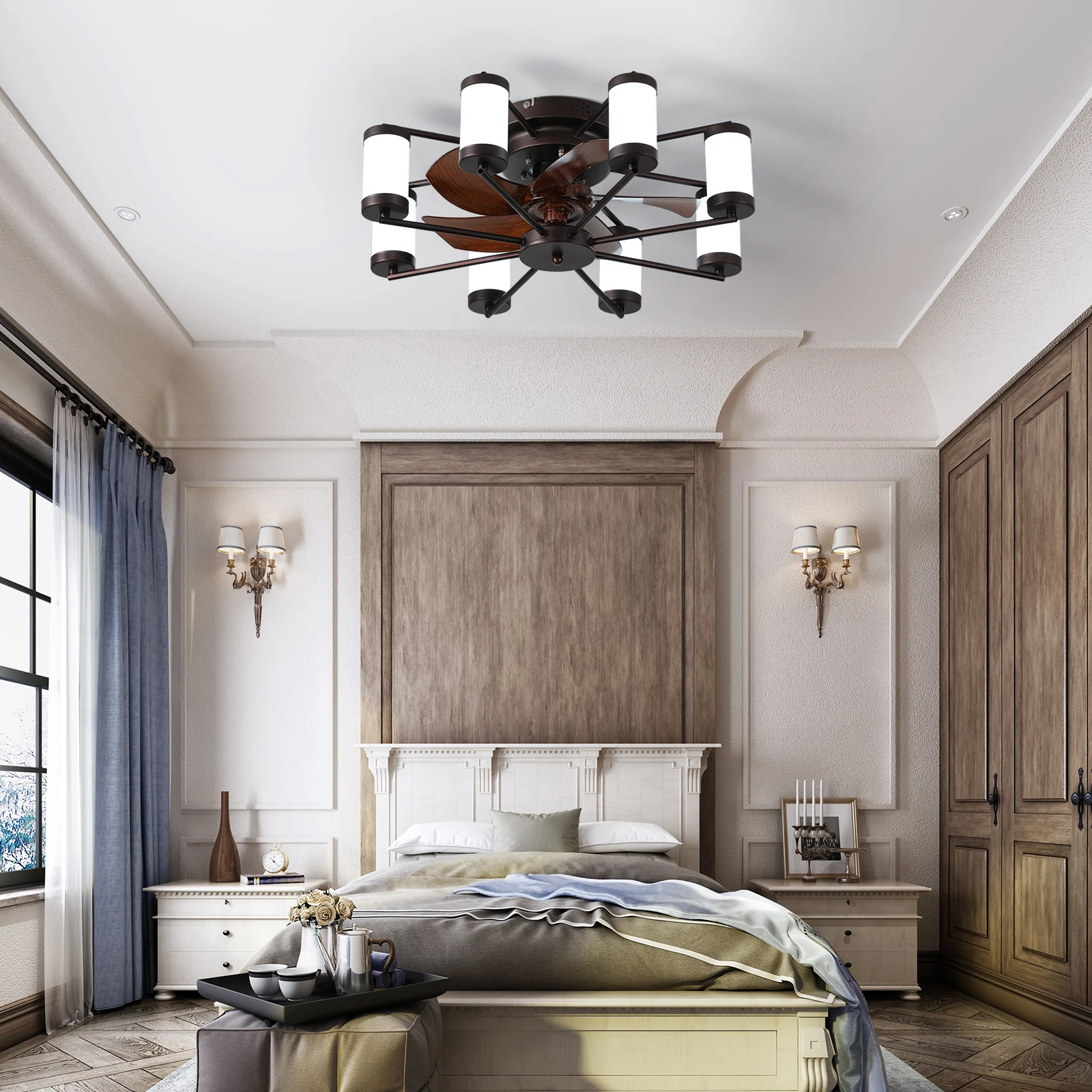 

Modern Ceiling Fan with LED Light – 5-Blade Fan and Cylindrical Light Fixtures for Bedroom, Living Room, and Home Décor