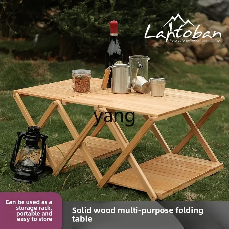 ZL outdoor barbecue solid wood multi-functional camping multi-layer rack folding storage table