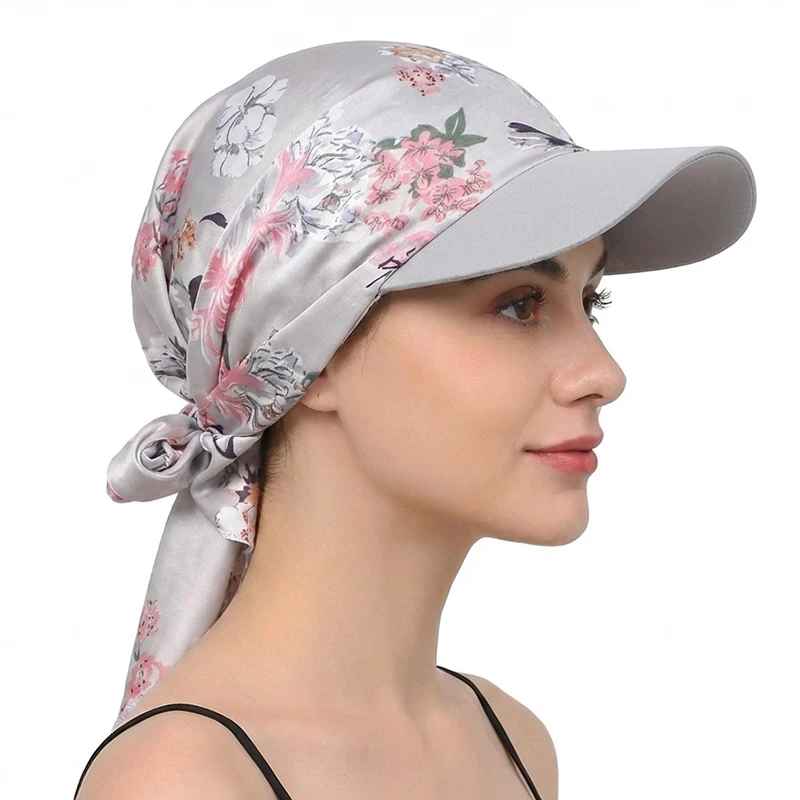 Damen Mode Bedruckter Satin-Kopftuch-Hut mit Krempe Sonnenhüte Sommer Weiche Atmungsaktive Kopftuch-Kappen Baseballkappe