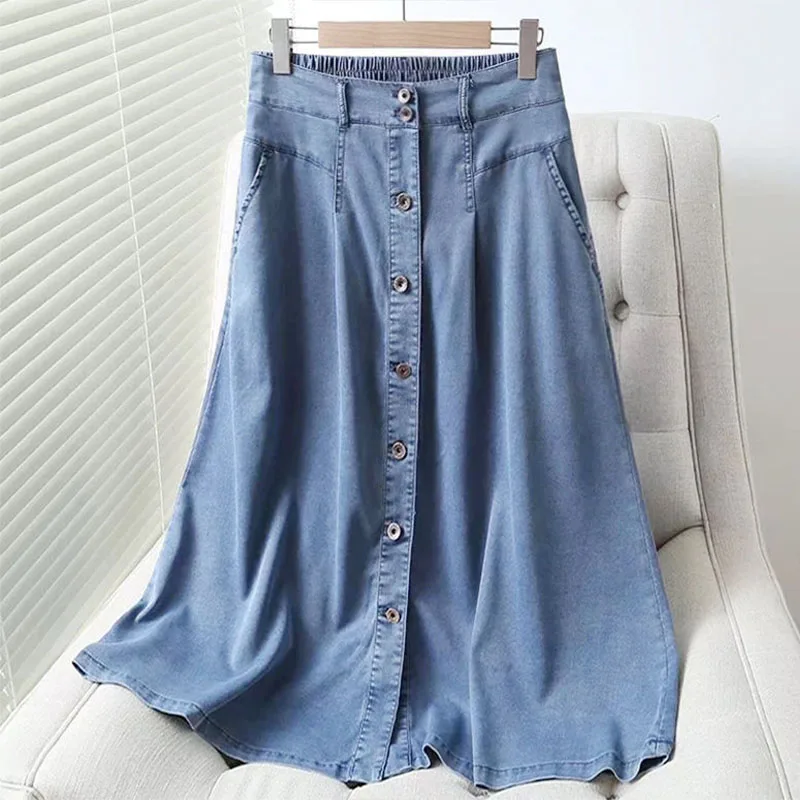 2023 All-match Fashion Elastic Waist Long Skirts for Women Spring Solid Color Single Breasted Pockets Korean Style Denim Skirt