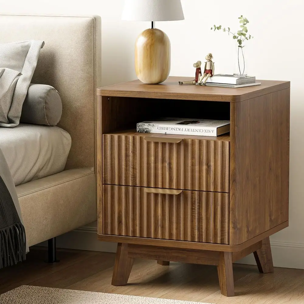 

Midnight Nightstand with 2 Drawers, 18 Wide Auxiliary Marble Top, Open Storage Shelf, Curved Edge Bedroom or Living Room Side Ta