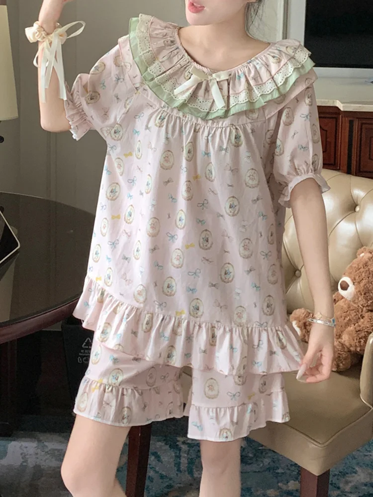 

Rabbit Print cartoon Sweet Lace Short Sleeve Short Sleeve Pajama Set Women Loose Casual Elegant Vacation Court style Sleep Tops