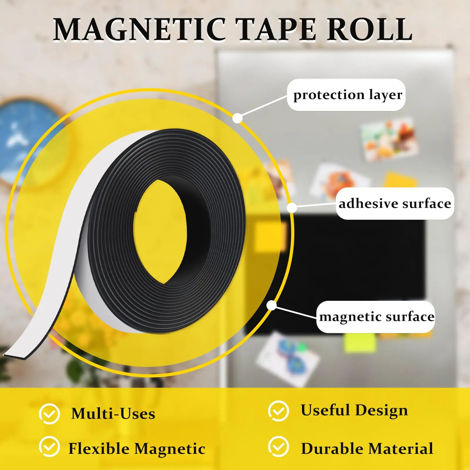 Magnetic Tape, 10M Magnet Tape Roll with 3M Strong Adhesive Backing. Perfect for  whiteboards & Fridge Organization