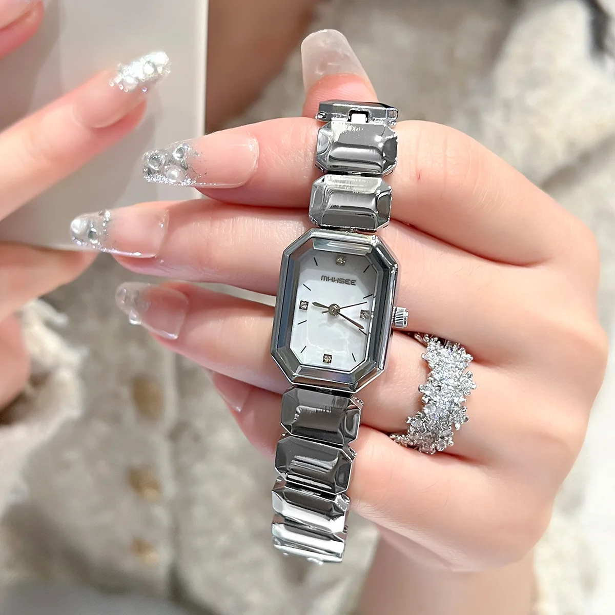 Brand Women Watches Luxury Steel Strap Rhinestone Rectangle Dial Ladies Quartz Watch Fashion Wristwatches Relojes Para Mujer