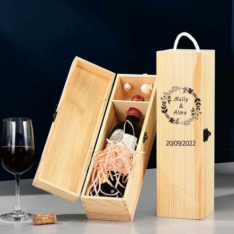 Custom Wooden Wine Box with Name and Date, Engraved Style, Simple Design, Perfect for Anniversary, Wedding Day Ceremony,