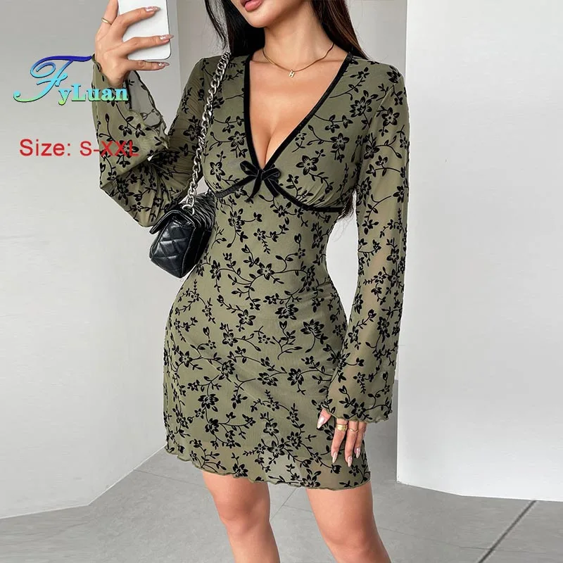 Europa e américa roupas femininas moda nova manga alargamento vestido de malha dupla camada decote em v profundo mini vestido emagrecimento vestido curto