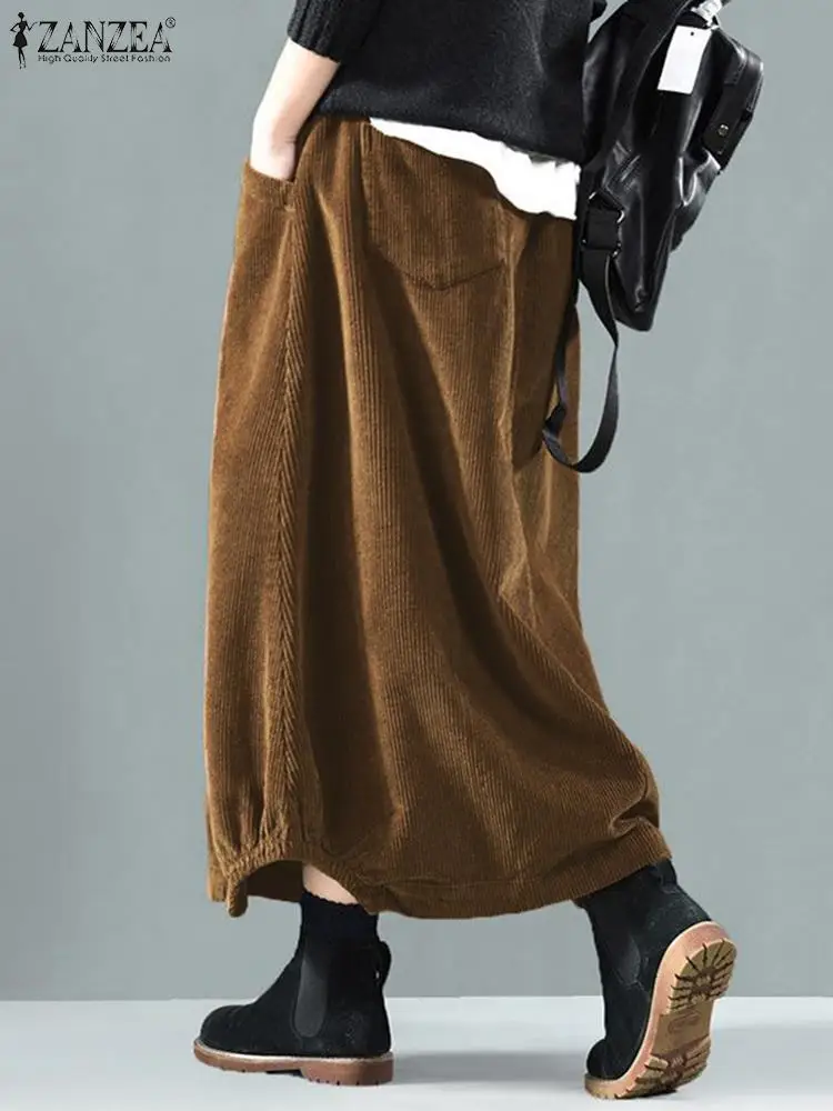 2024 ZANZEA Women Autumn Elastic Waist Long Skirt Vintage Corduroy Skirts Casual Vestidos Female Solid Loose Faldas Saia Jupe