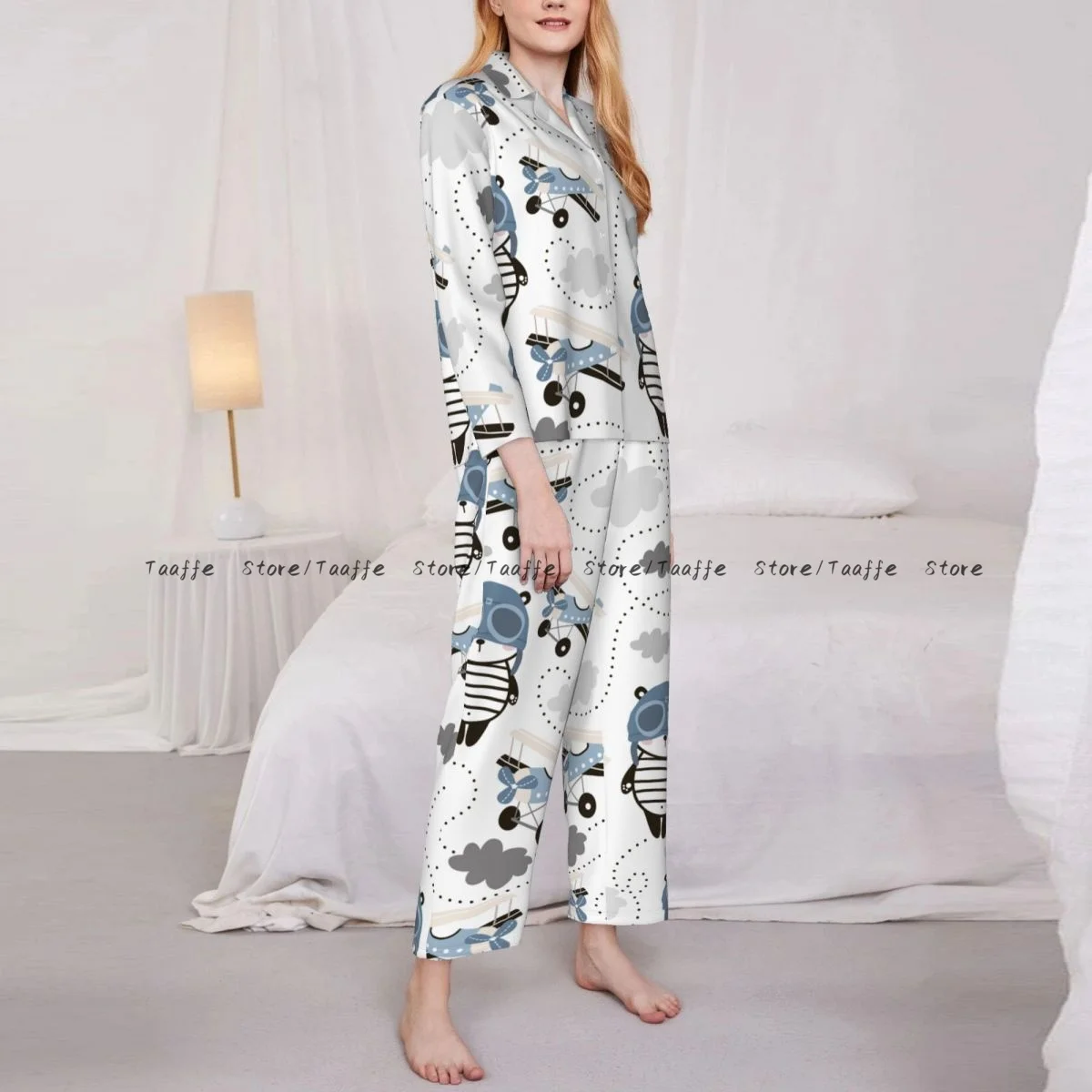 Long Sleeve Pants Pajamas Loungewear Set Cute Panda In Pilot Cap And Retro Air Planes Women's Pull Edge Loose Sleeping Suit