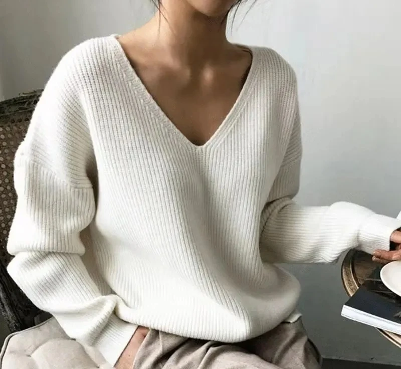 

Lazy Style Autumn Winter FashionLoose Women's Knitted Sweater V-Neck Long Sleeve Base Layer Irregular Hemline Comfortable