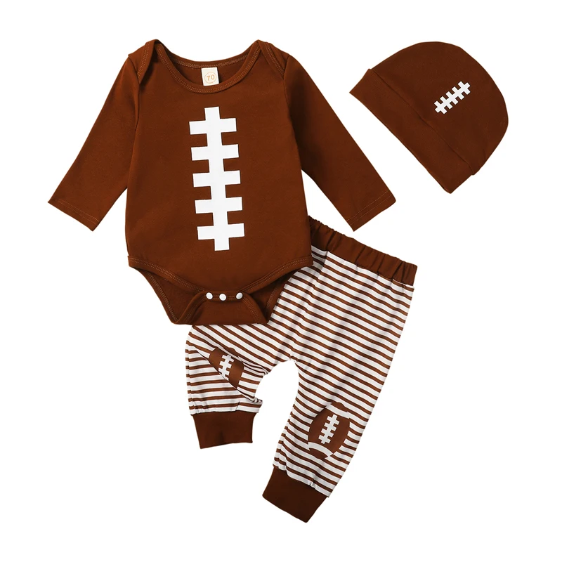 Newborn Baby Boy 3 Piece Outfit Football Print Long Sleeve Rompers and Elastic Striped Pants Beanie Hat Set Fall Spring Clothes