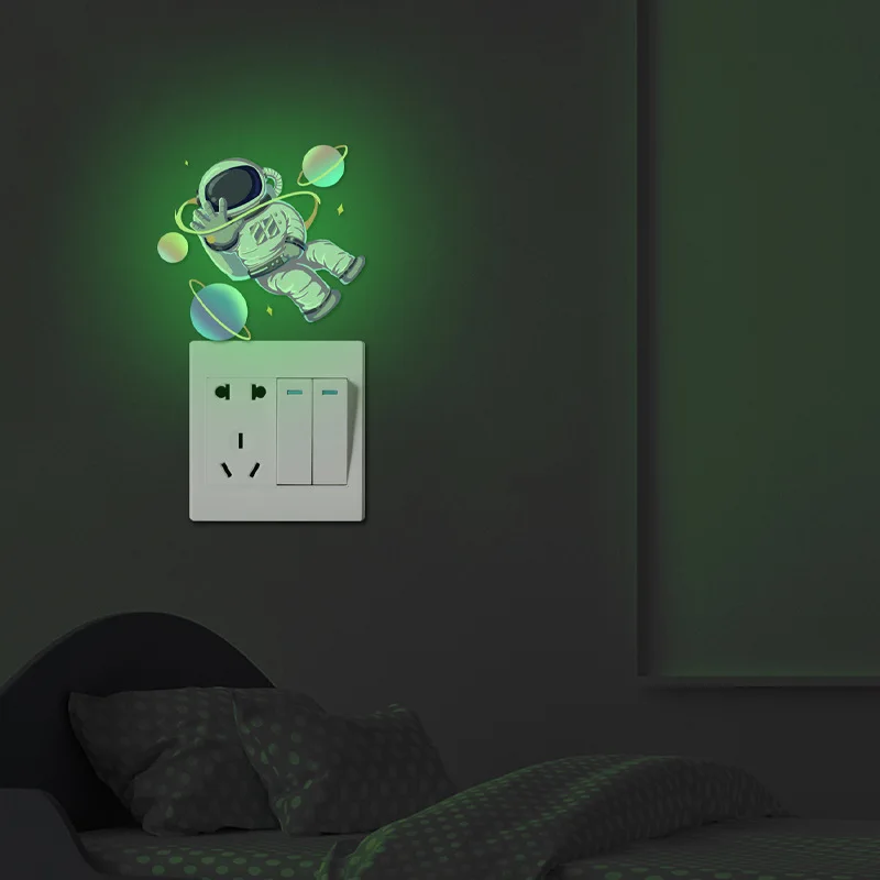 Luminous Astronaut Wall Stickers Kids Room Decor Glow In The Dark Planet Cartoon Cat Decals Fluorescent Rainbow for Home Switch