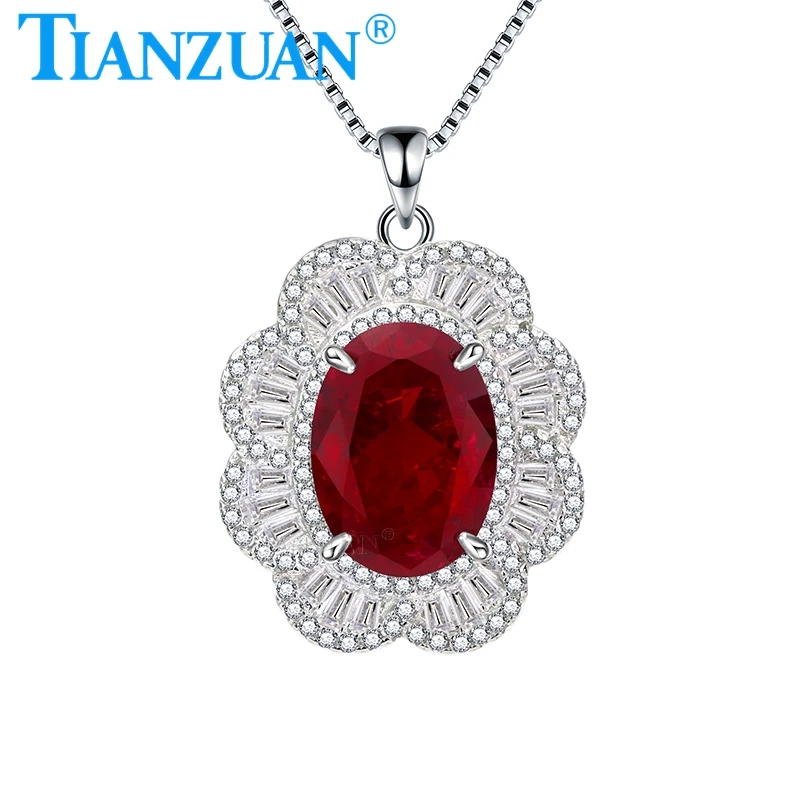 

10*14mm 7.3ct main stone artificial red color ruby flower with 925 silver pendant necklace for jewelry